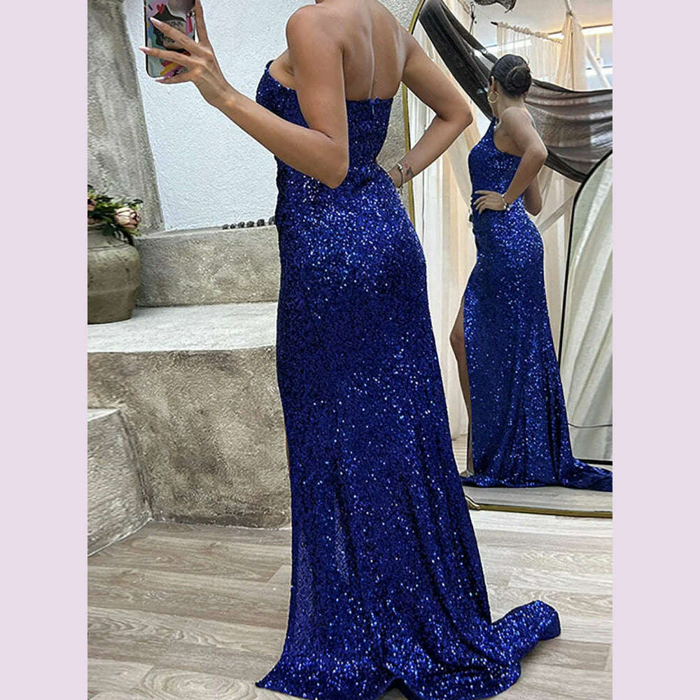 Hollow Out Strapless Off Shoulder Sequins Dress Chic Women Slim Slit Solid Floor-Length Dress Casual Sleeveless Party Club Dress