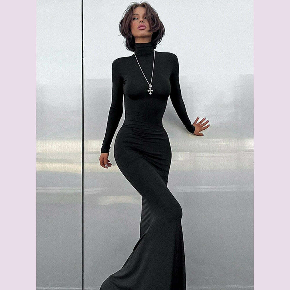 Huhugirl Elegant Dresses For Women Fashion Sexy Solid Turtleneck Full Sleeves Sheath Long Vestidos Robes Female Party Regular