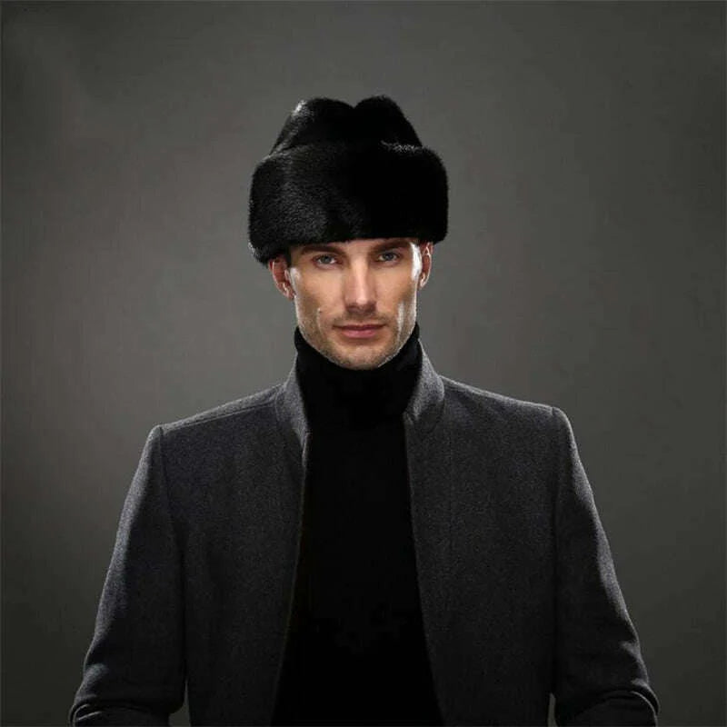 IANLAN French Mens Full-pelt Mink Bomber Hats Real Mink Fur Earmuffs Hats Solid Winter Outdoor Warm Hats IL00237