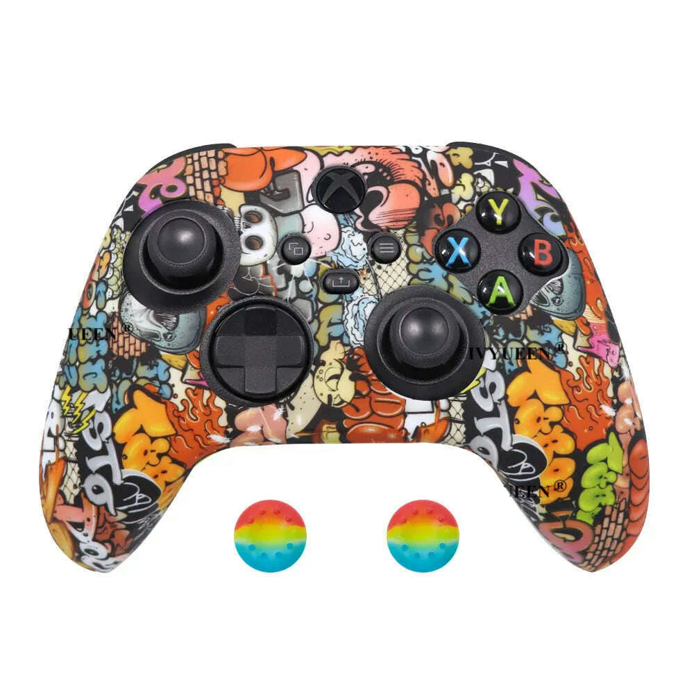 IVYUEEN for XBox Series S X Wireless Controller Water Transfer Printing Protective Silicone Case Skin with Thumb Stick Grip Caps