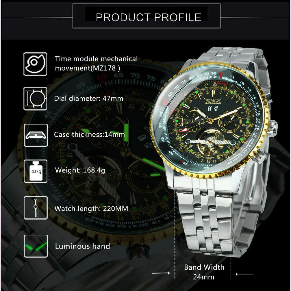 Jaragar Military Sports Automatic Watch for Men Multifunction Dial Tourbillon Skeleton Mechanical Watches Luxury Steel Band Glow