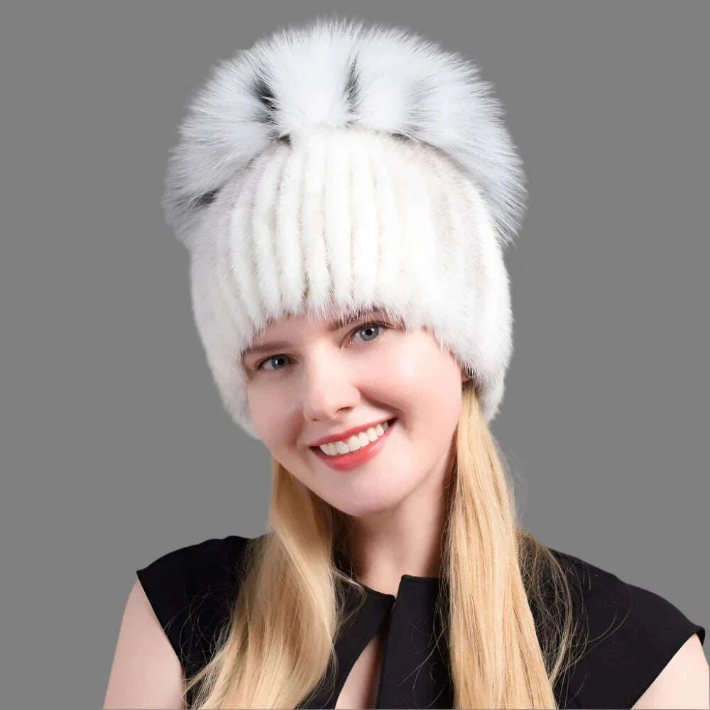 JINBAOSEN Style Winter Female Fur Hat Mink Fur Plus Fox Fur Stitching Knit Liner Fur Ski Hat Free Shipping
