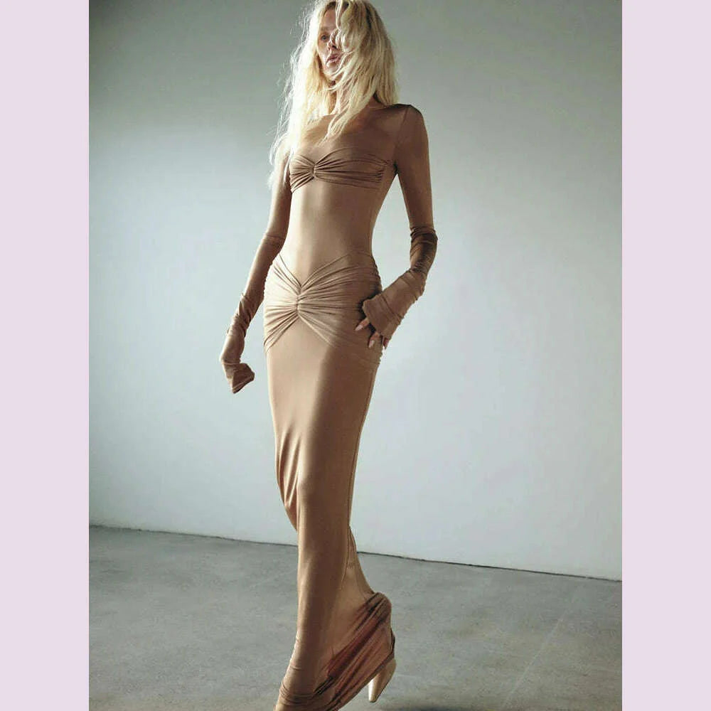 JULISSA MO Elegant Round Neck Ruched Maxi Dress For Women Khaki Long Sleeve Evening Dress Female Winter New Party Women Clothing