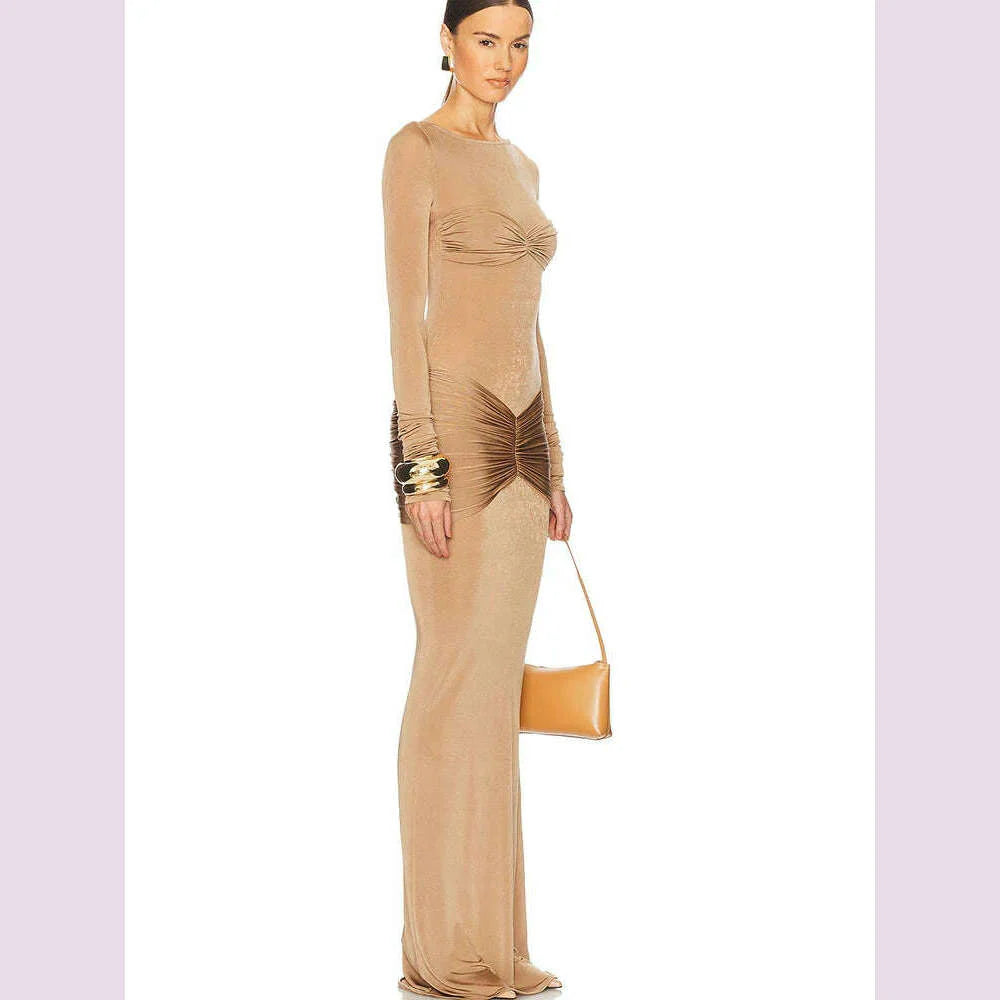 JULISSA MO Elegant Round Neck Ruched Maxi Dress For Women Khaki Long Sleeve Evening Dress Female Winter New Party Women Clothing