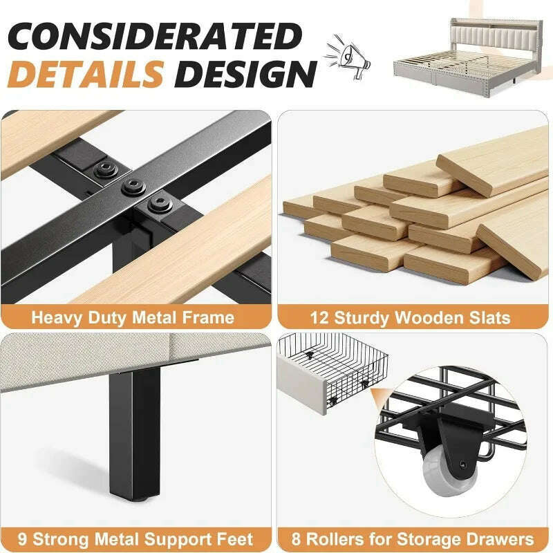 King Size Bed Frame with Storage and Headboard, Upholstered King Bed Frame with Storage, King Bed Frame