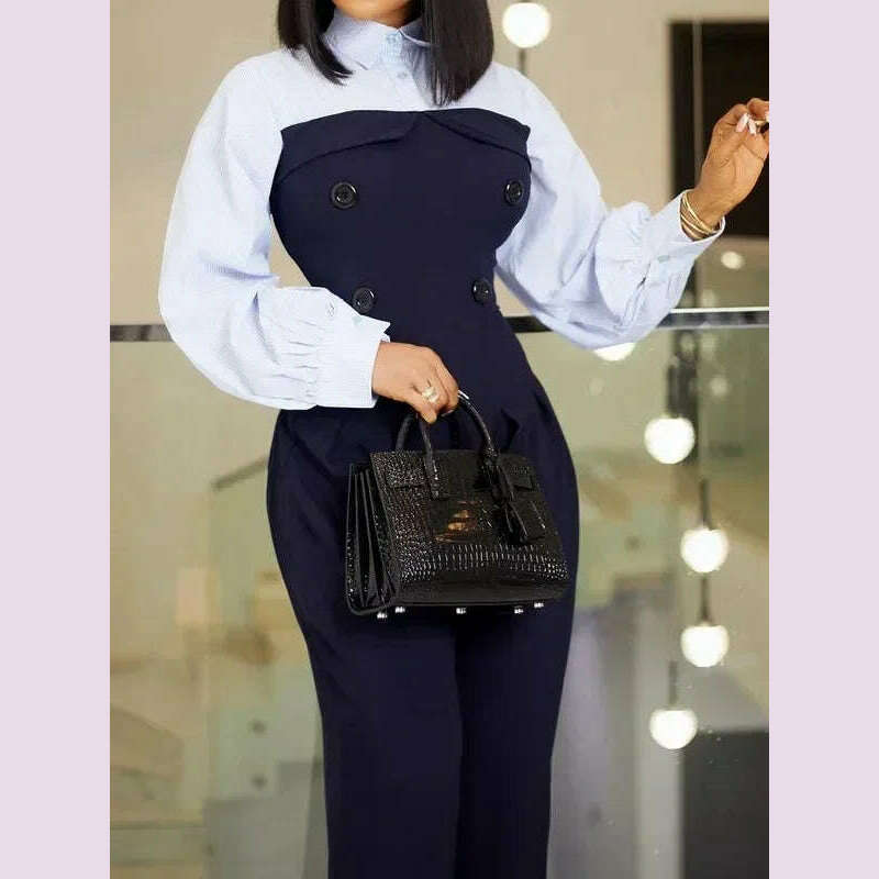 Krisnanas Women's Wide Leg Jumpsuits 2024 New Autumn Long Sleeves Fashion Patchwork Buttoned Loose Casual Office One-piece Suits