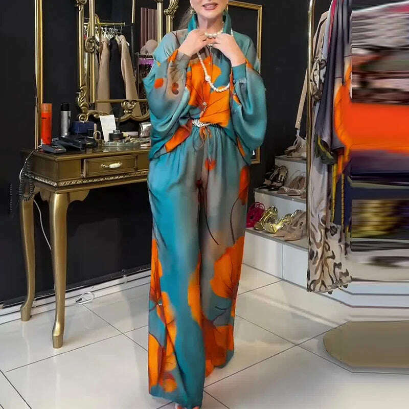 Lady Commute Two Piece 2025 Spring Summer Floral Print Office Set Women Fashion Button Long Sleeve Blouse Top+Wide Leg Pant Set