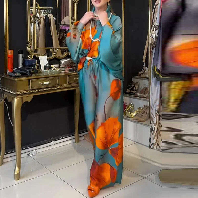 Lady Commute Two Piece 2025 Spring Summer Floral Print Office Set Women Fashion Button Long Sleeve Blouse Top+Wide Leg Pant Set