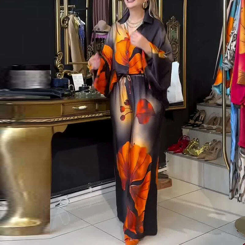 Lady Commute Two Piece 2025 Spring Summer Floral Print Office Set Women Fashion Button Long Sleeve Blouse Top+Wide Leg Pant Set