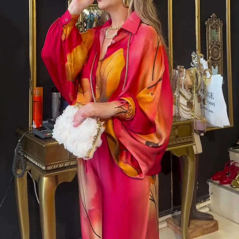 Lady Commute Two Piece 2025 Spring Summer Floral Print Office Set Women Fashion Button Long Sleeve Blouse Top+Wide Leg Pant Set