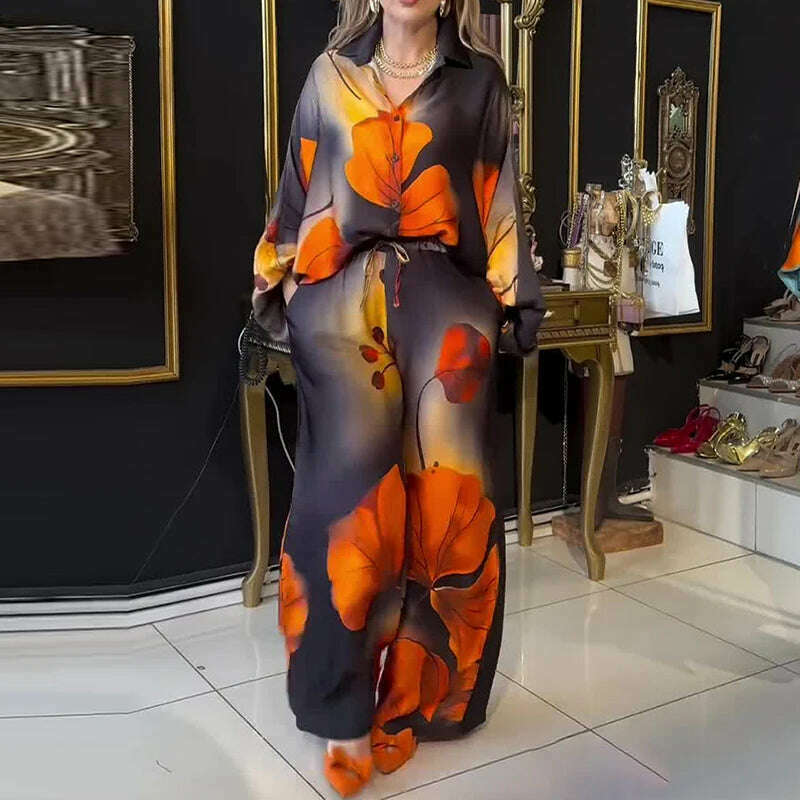 Lady Commute Two Piece 2025 Spring Summer Floral Print Office Set Women Fashion Button Long Sleeve Blouse Top+Wide Leg Pant Set