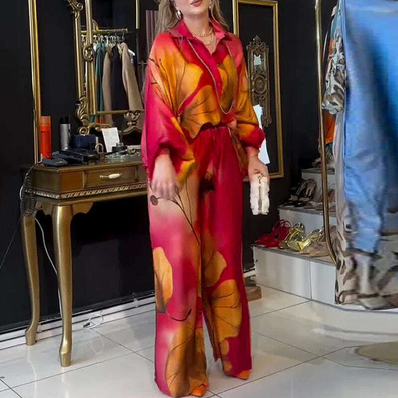 Lady Commute Two Piece 2025 Spring Summer Floral Print Office Set Women Fashion Button Long Sleeve Blouse Top+Wide Leg Pant Set