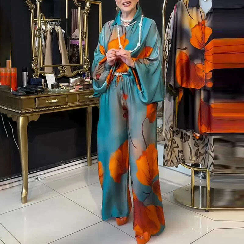 Lady Commute Two Piece 2025 Spring Summer Floral Print Office Set Women Fashion Button Long Sleeve Blouse Top+Wide Leg Pant Set