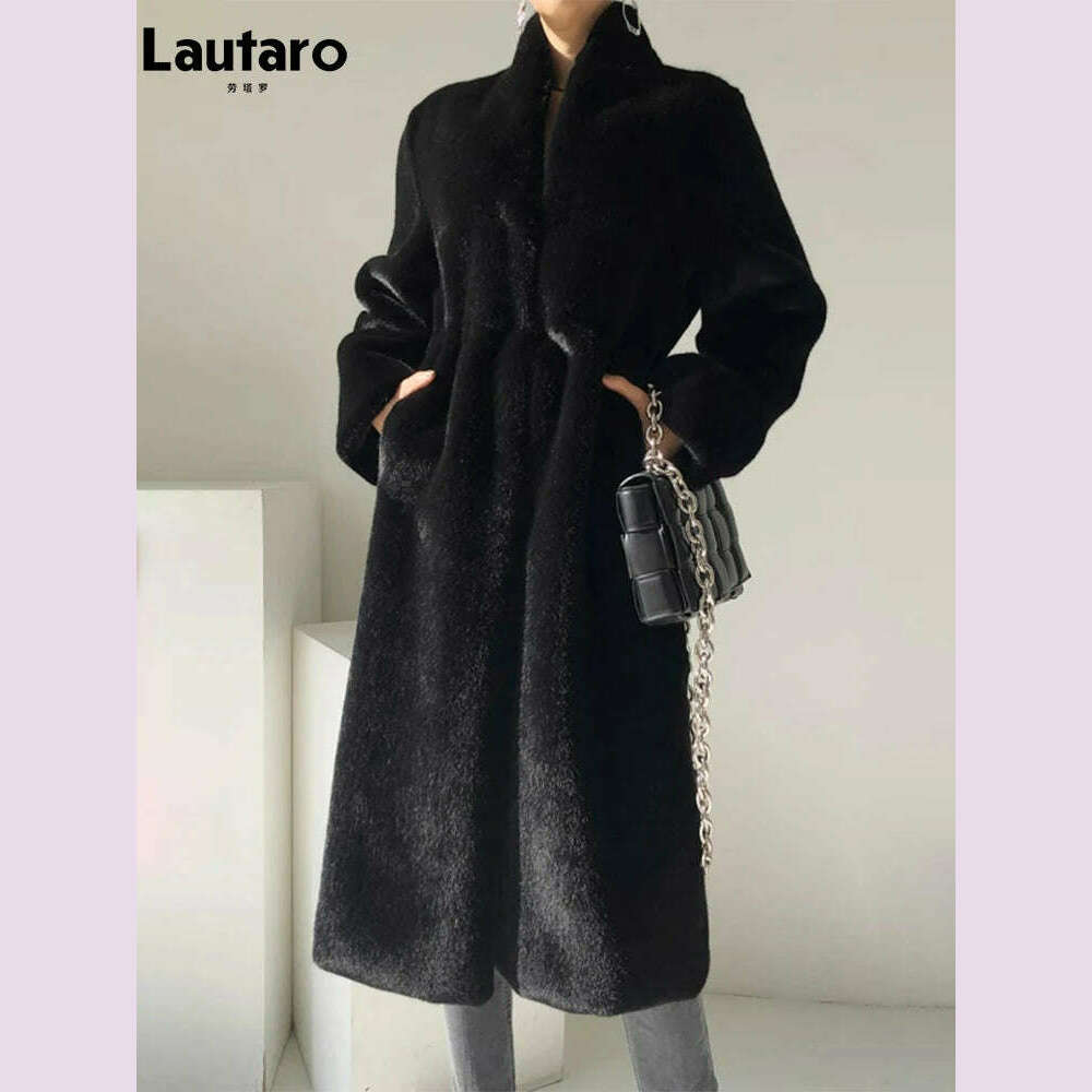 Lautaro Winter Long Black Luxury Elegant Stylish Thick Warm Fluffy Hairy Soft Faux Mink Fur Coat Women Stand Collar Sashes 2023
