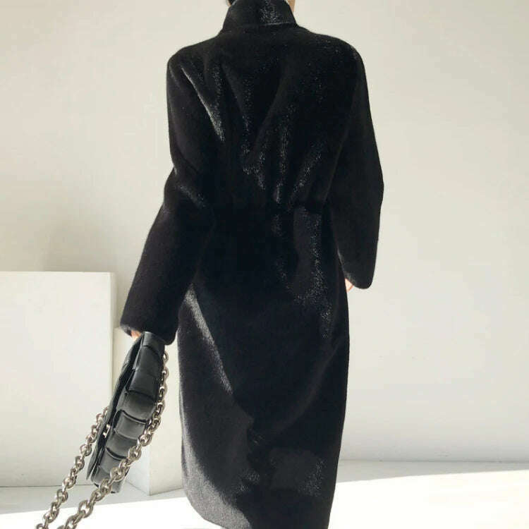 Lautaro Winter Long Black Luxury Elegant Stylish Thick Warm Fluffy Hairy Soft Faux Mink Fur Coat Women Stand Collar Sashes 2023