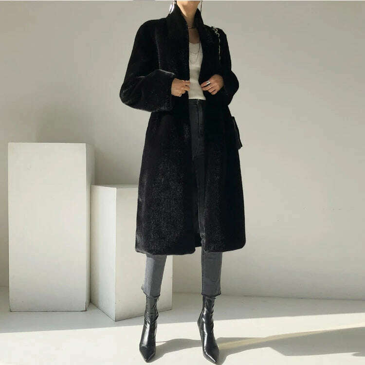 Lautaro Winter Long Black Luxury Elegant Stylish Thick Warm Fluffy Hairy Soft Faux Mink Fur Coat Women Stand Collar Sashes 2023