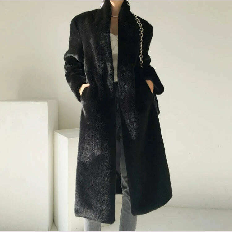 Lautaro Winter Long Black Luxury Elegant Stylish Thick Warm Fluffy Hairy Soft Faux Mink Fur Coat Women Stand Collar Sashes 2023