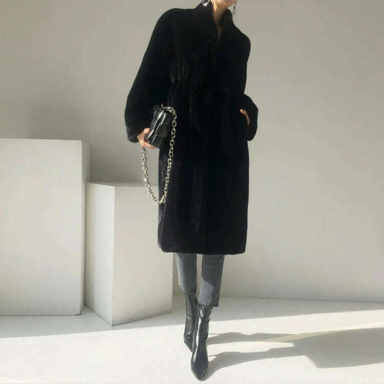Lautaro Winter Long Black Luxury Elegant Stylish Thick Warm Fluffy Hairy Soft Faux Mink Fur Coat Women Stand Collar Sashes 2023
