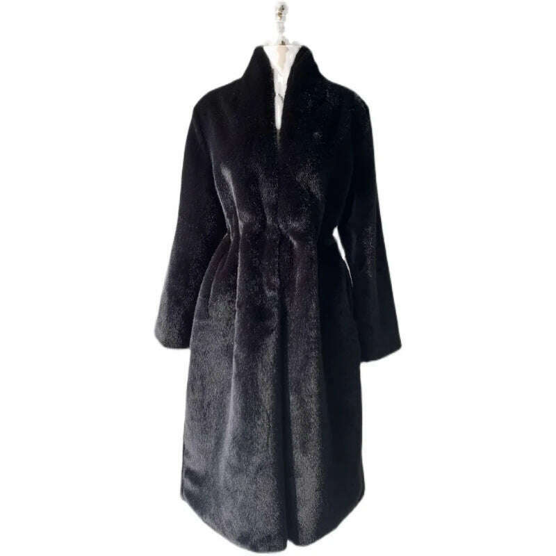 Lautaro Winter Long Black Luxury Elegant Stylish Thick Warm Fluffy Hairy Soft Faux Mink Fur Coat Women Stand Collar Sashes 2023