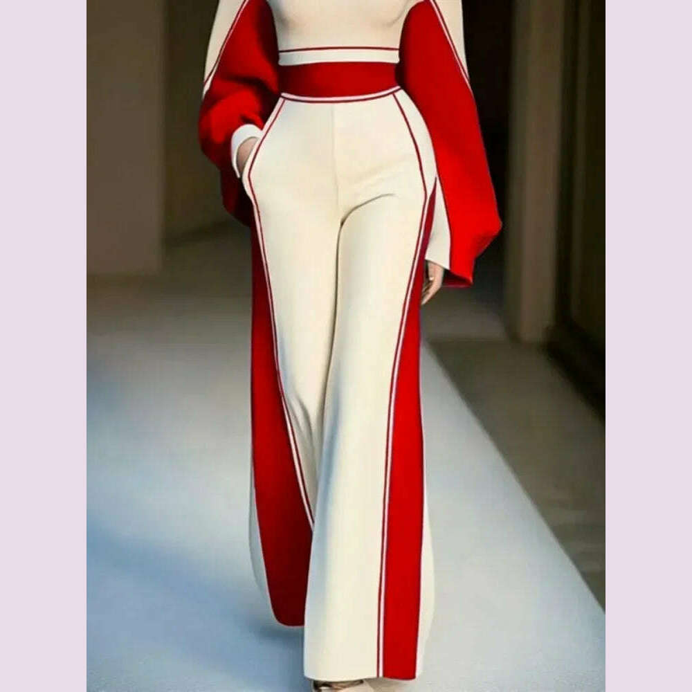 Lemongor Urban Female Stylish Striped High Neck Long Sleeve Zipper Tops & Elastic High Waist Wide Leg Pants Suits Two Piece Sets