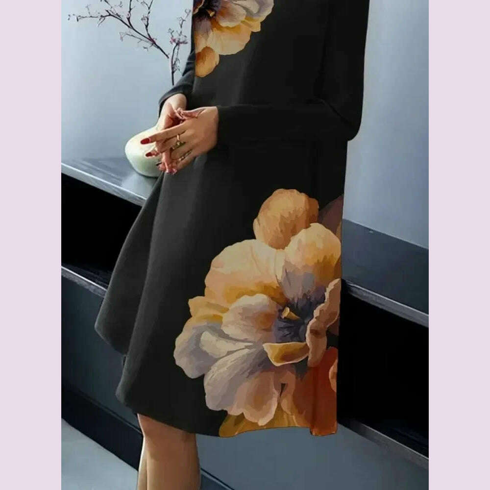 Lemongor Vintage Elegant Flower Printed Party Evening Midi Dresses Women Spring Autumn Long Sleeves High-neck Black Church Dress