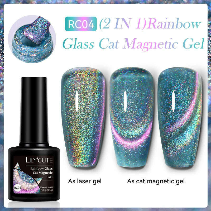 LILYCUTE 7ML Sparkling Glitter Rainbow Cat Magnetic Gel Nail Polish 9D Colorful Semi Permanent Soak Off Nail Art UV Gel Varnish
