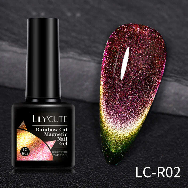 LILYCUTE 7ML Sparkling Glitter Rainbow Cat Magnetic Gel Nail Polish 9D Colorful Semi Permanent Soak Off Nail Art UV Gel Varnish