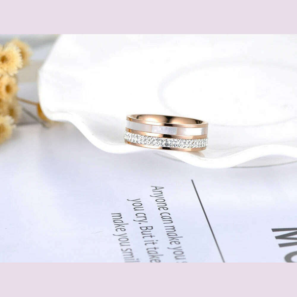 Lokaer Rose Gold Color White Rhinestone Shell Wedding Rings Jewelry 316L Stainless Steel Engagement Ring For Women Кольцо R18050