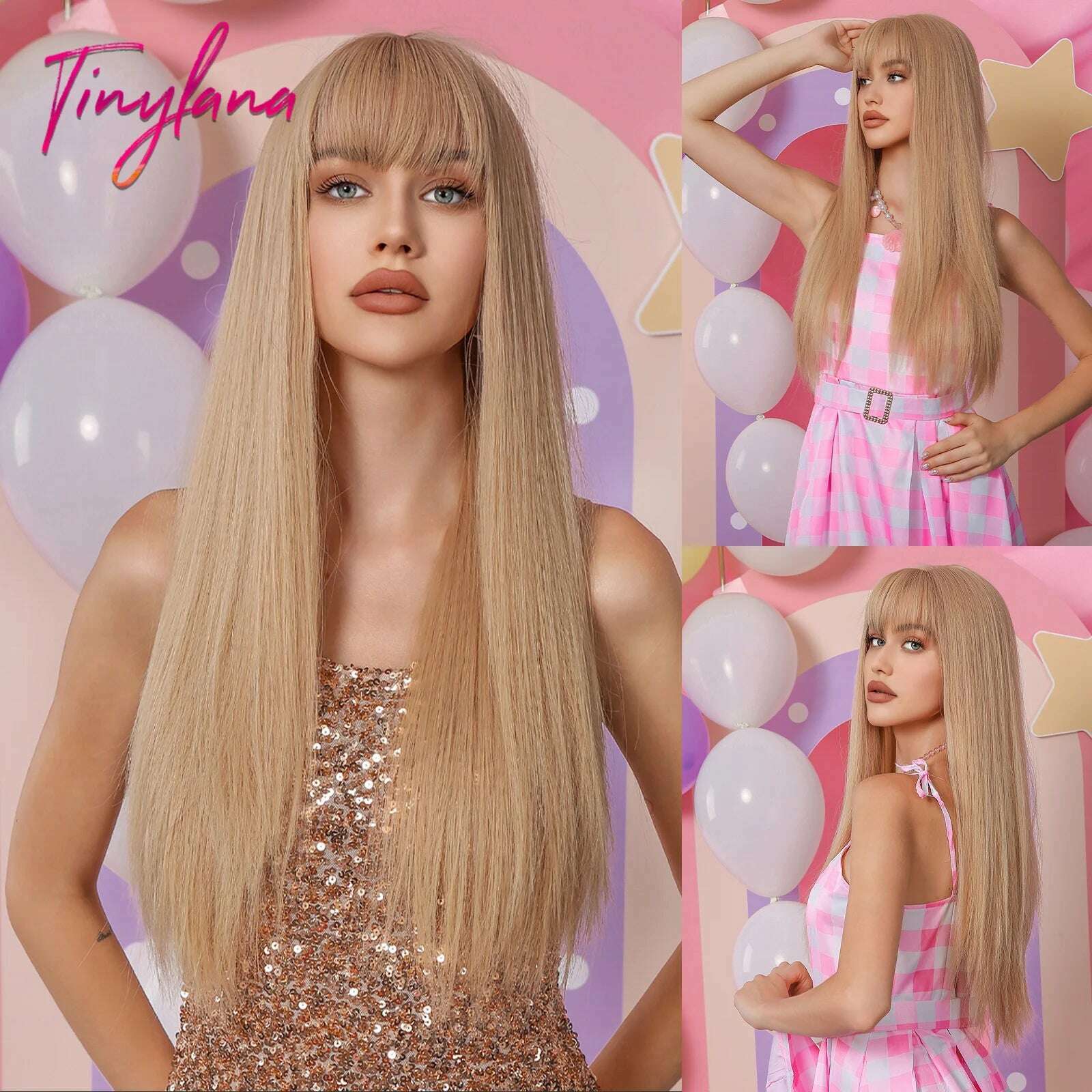 Long Straight Pink Mixed White Synthetic Wigs with Bangs Halloween Cosplay Colorful Wigs for Women Natural Hair Heat Resistant