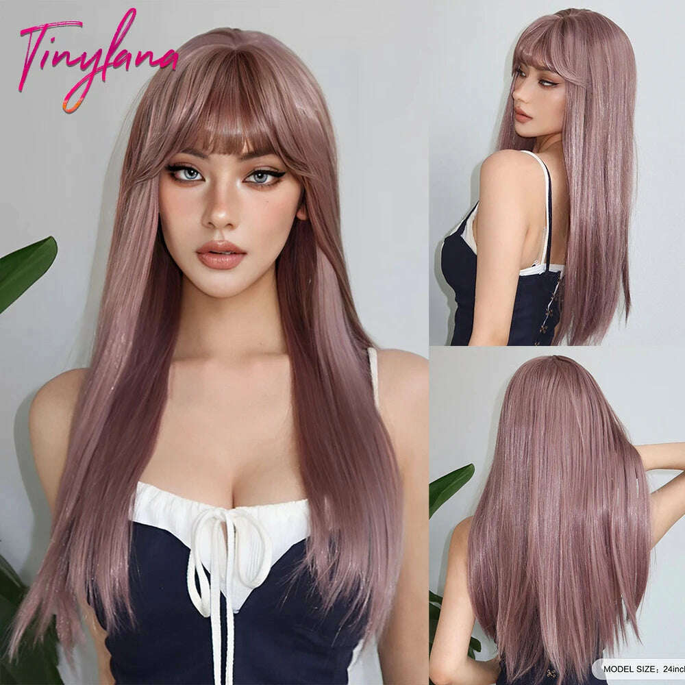 Long Straight Pink Mixed White Synthetic Wigs with Bangs Halloween Cosplay Colorful Wigs for Women Natural Hair Heat Resistant