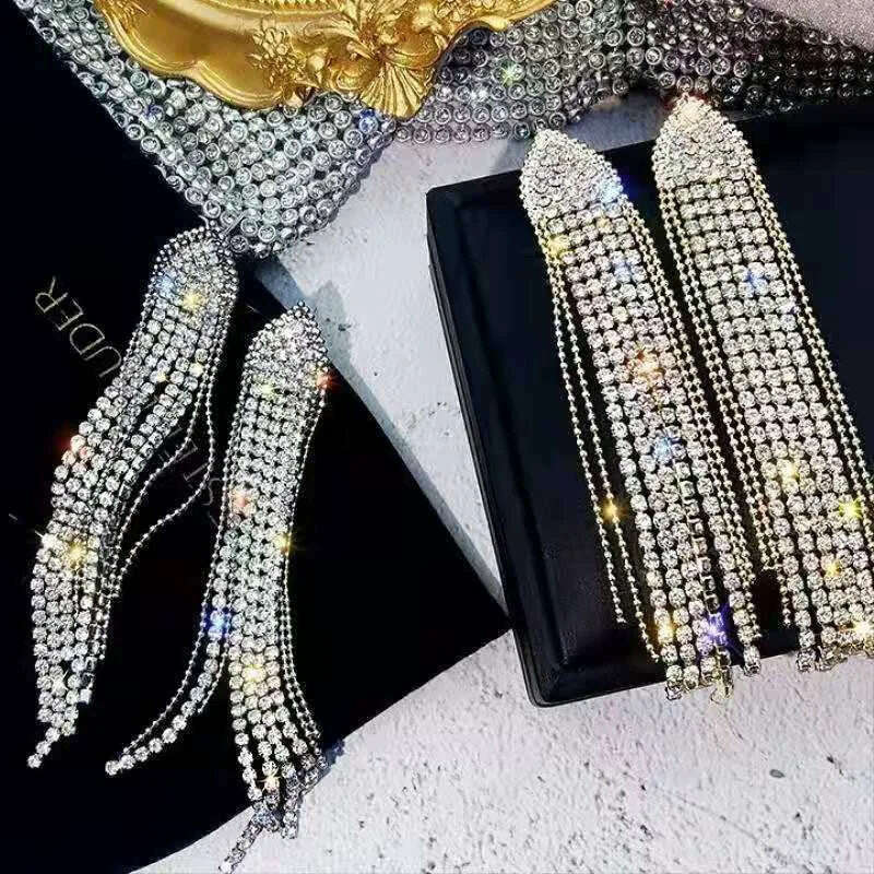Long Tassel Earrings for Women Korean Crystal Leaf Drop Earring Girls Accessories Statement Gold Color Brincos Jewelry Gifts