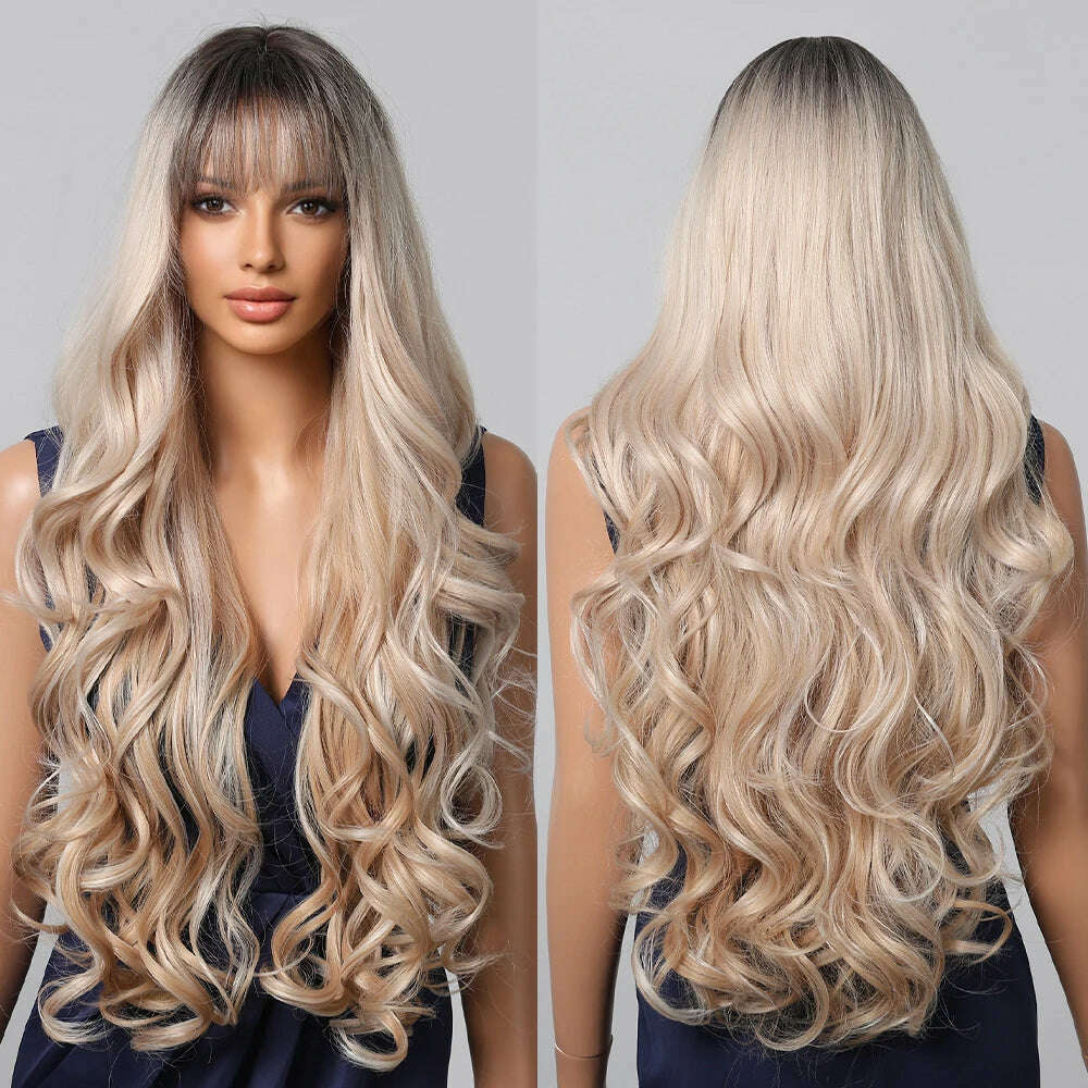 Loose Body Wave Synthetic Wigs Long Brown Blonde Ombre Wig with Bangs Wave Curl Wigs for Black Women Heat Resistant Daily Party