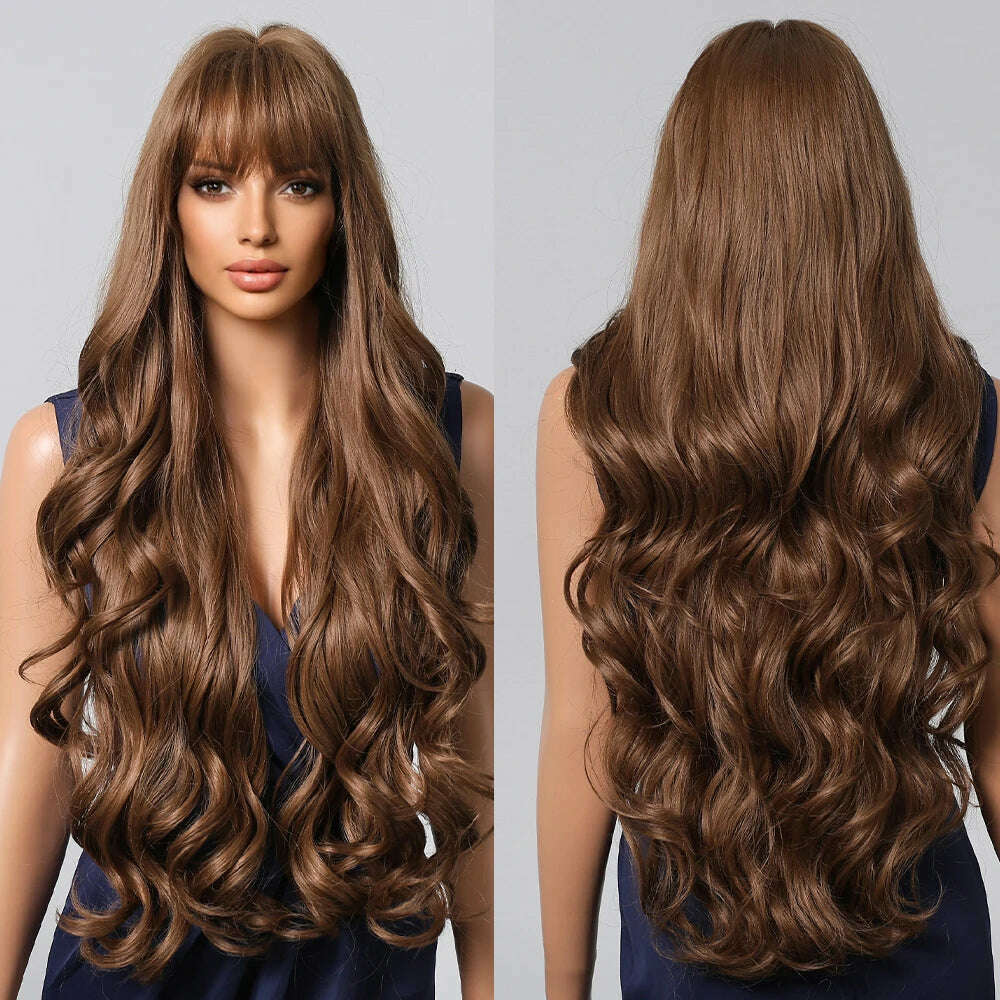 Loose Body Wave Synthetic Wigs Long Brown Blonde Ombre Wig with Bangs Wave Curl Wigs for Black Women Heat Resistant Daily Party