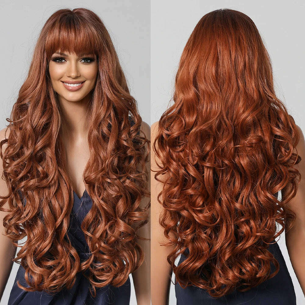 Loose Body Wave Synthetic Wigs Long Brown Blonde Ombre Wig with Bangs Wave Curl Wigs for Black Women Heat Resistant Daily Party
