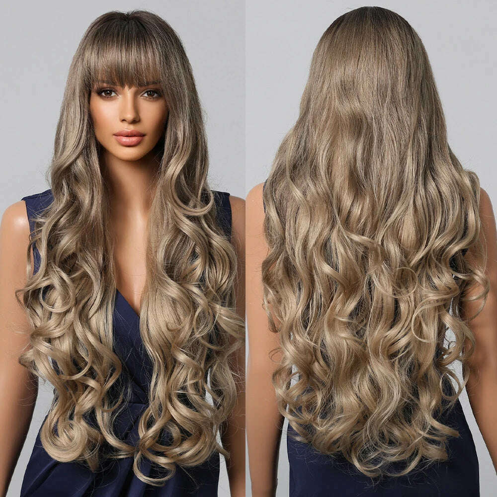 Loose Body Wave Synthetic Wigs Long Brown Blonde Ombre Wig with Bangs Wave Curl Wigs for Black Women Heat Resistant Daily Party