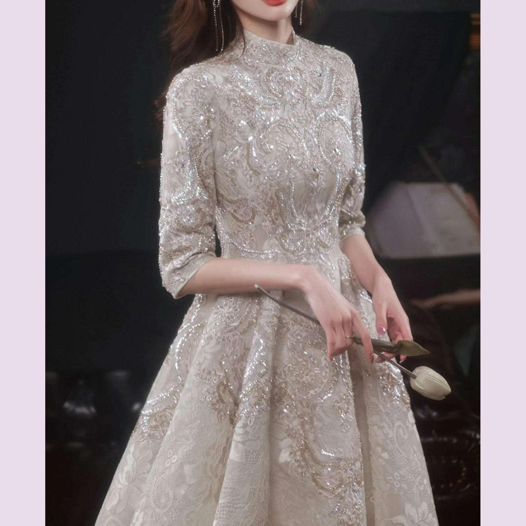 Luxury Champagne Prom Dresses Half Sleeves Lace Beaded Elegant Formal High Neck A-Line Long Wedding Celebrity Evening Gowns New