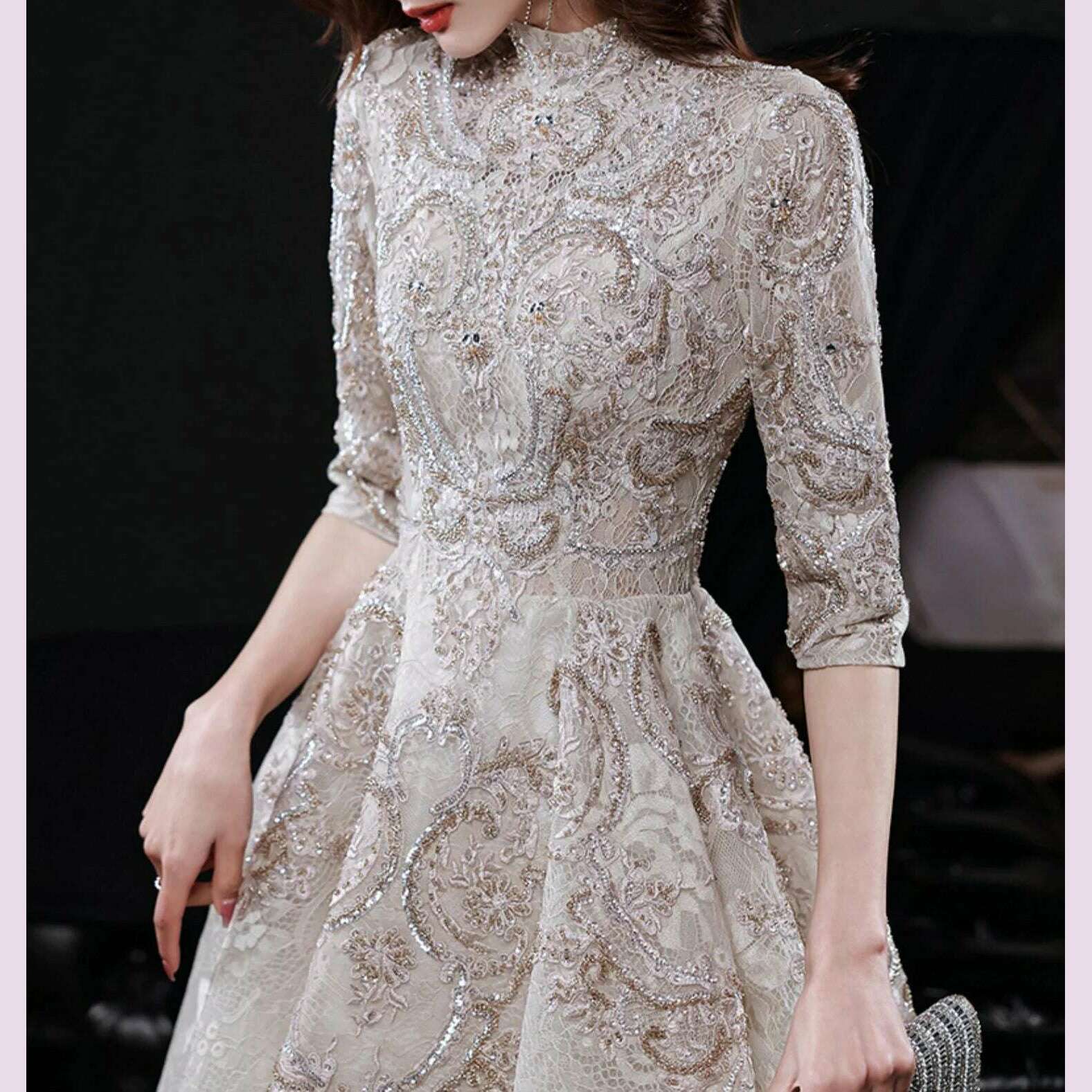 Luxury Champagne Prom Dresses Half Sleeves Lace Beaded Elegant Formal High Neck A-Line Long Wedding Celebrity Evening Gowns New