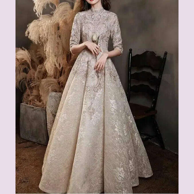 Luxury Champagne Prom Dresses Half Sleeves Lace Beaded Elegant Formal High Neck A-Line Long Wedding Celebrity Evening Gowns New