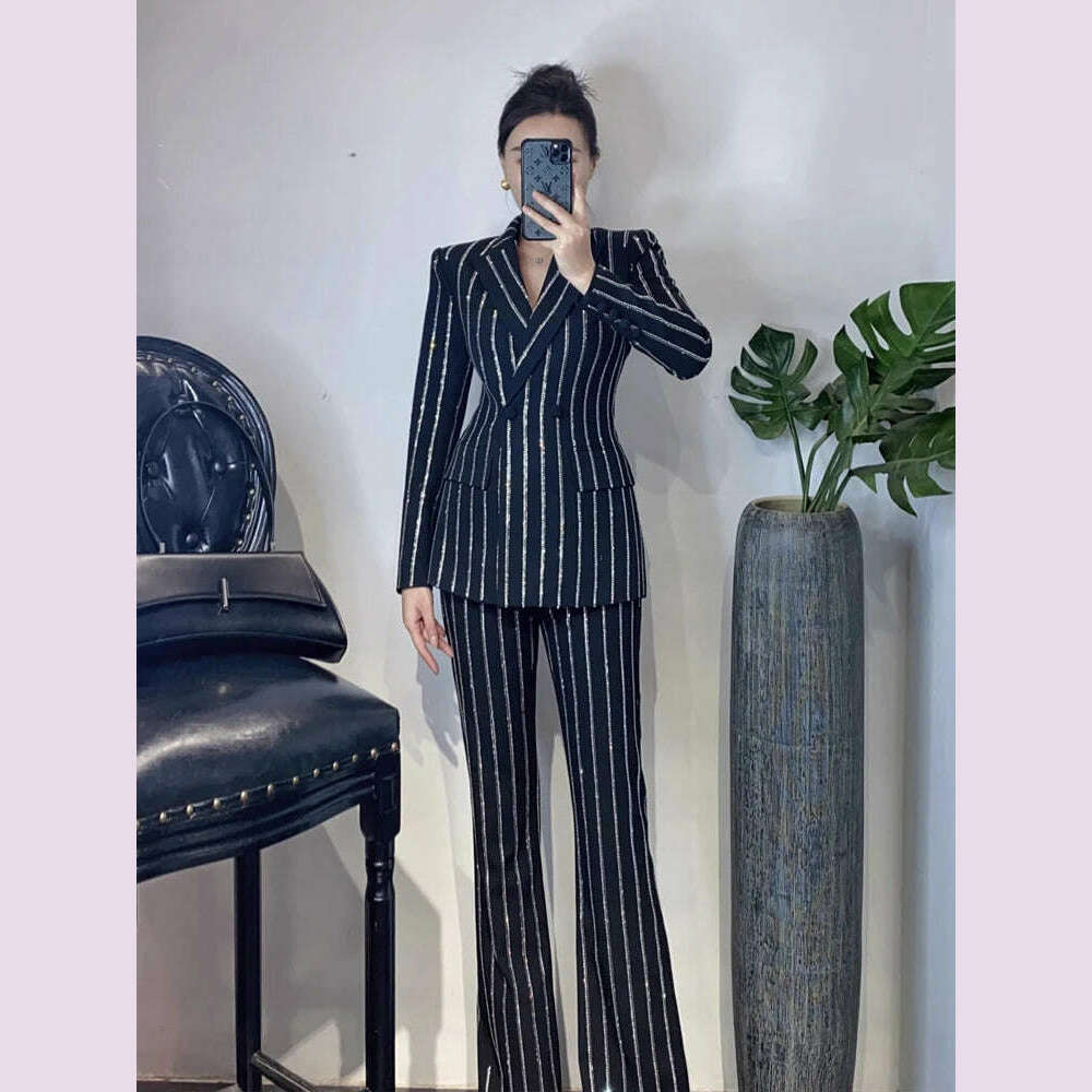 Luxury Striped 2 piece set for women Rhinestone double breasted blazer And Flare pants 2024 Autumn winter Office lady suit 4O083