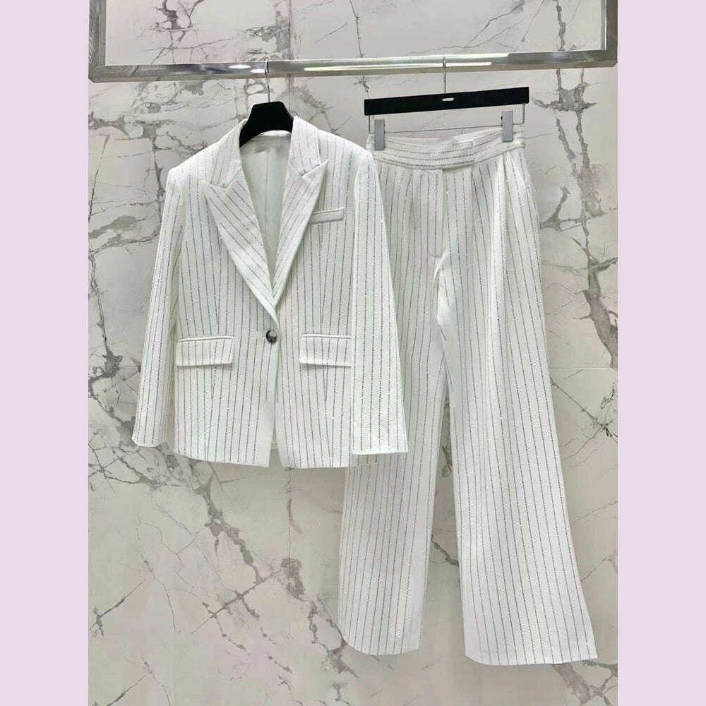 Luxury Striped 2 piece set for women Rhinestone double breasted blazer And Flare pants 2024 Autumn winter Office lady suit 4O083
