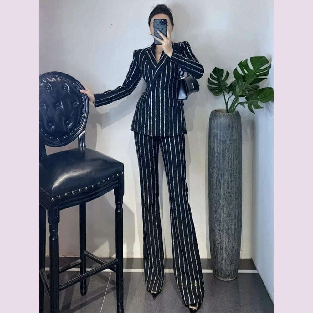 Luxury Striped 2 piece set for women Rhinestone double breasted blazer And Flare pants 2024 Autumn winter Office lady suit 4O083