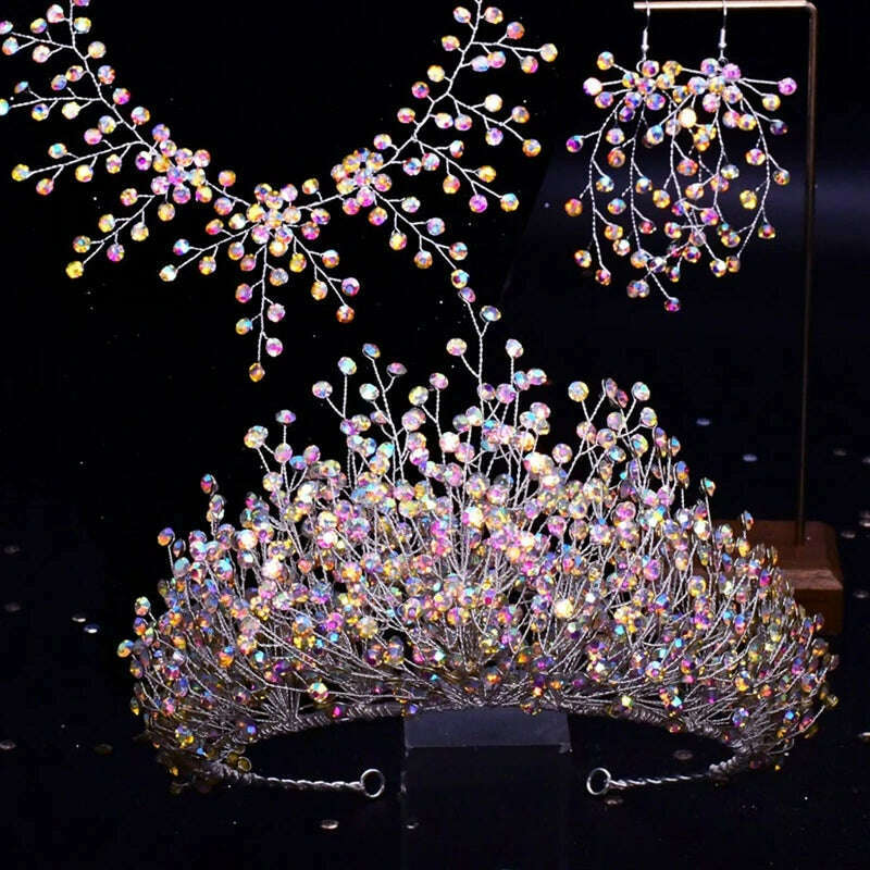 Luxury Wedding Jewelry Set Bridal Headwear Crown Necklace And Earrings AB Color Crystal Rhinestone Jewelry Sets Handmade Unique