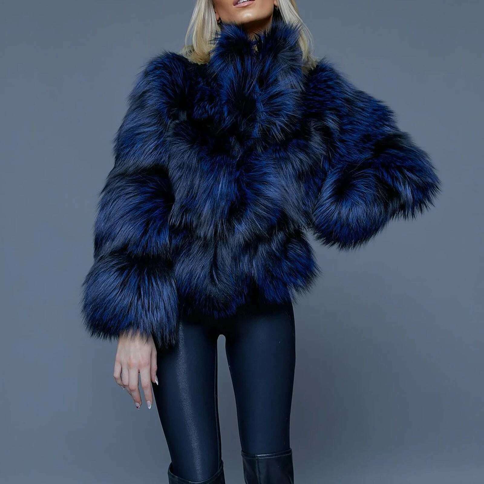Luxury Women Real Raccoon Dog Fur Jacket Stand Collar Royal Blue Genuine Raccoon Dog Fur Coat Full Pelt Fur Overcoat Woman