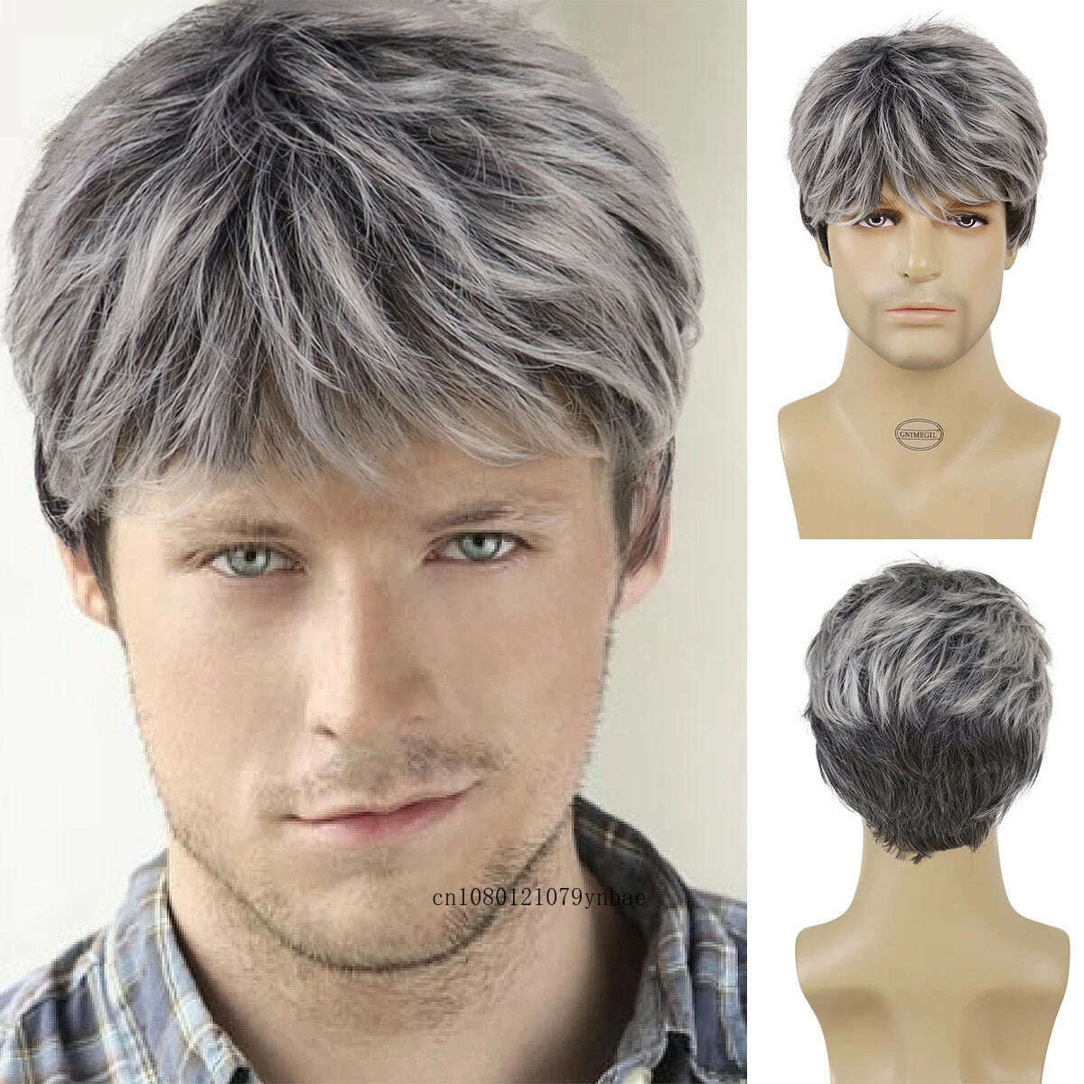 Male Mix Grey Wigs Synthetic Hair Short Wig with Bangs for Men Daddy Hairstyles Gifts Daily Cosplay Costume Party Heat Resistant