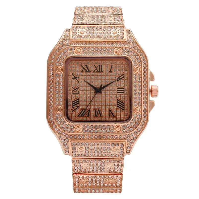 MAYZHISU Watch For Men Luxury Gold Square Men's Wristwatch Alloy Strap Full Diamond Business Quartz Watch for man Clock Gifts