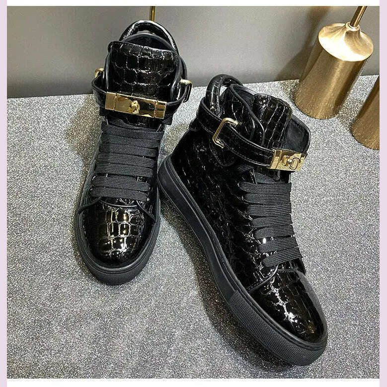 Men Embossed Crocodile High Top Sneakers Lock Lace Red Flats Real Leather Designer Boots Men‘s Casual Shoes
