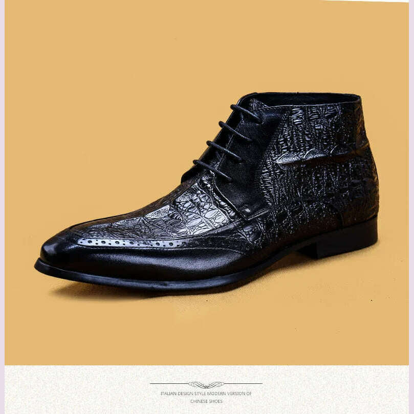 Men Genuine Cow Leather Crocodile Winter Texture Ankle Chelsea Boots Brogue Flat Lace Up Dress Shoes 2020