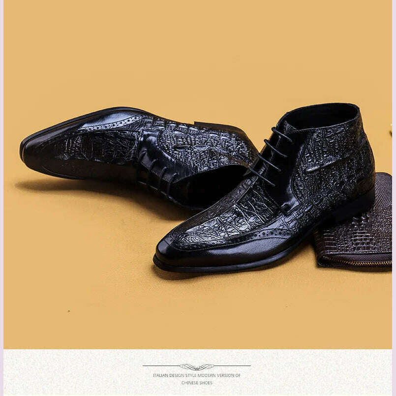 Men Genuine Cow Leather Crocodile Winter Texture Ankle Chelsea Boots Brogue Flat Lace Up Dress Shoes 2020