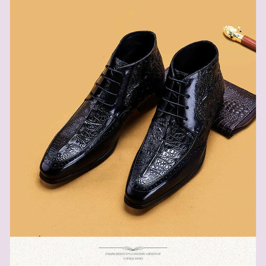 Men Genuine Cow Leather Crocodile Winter Texture Ankle Chelsea Boots Brogue Flat Lace Up Dress Shoes 2020
