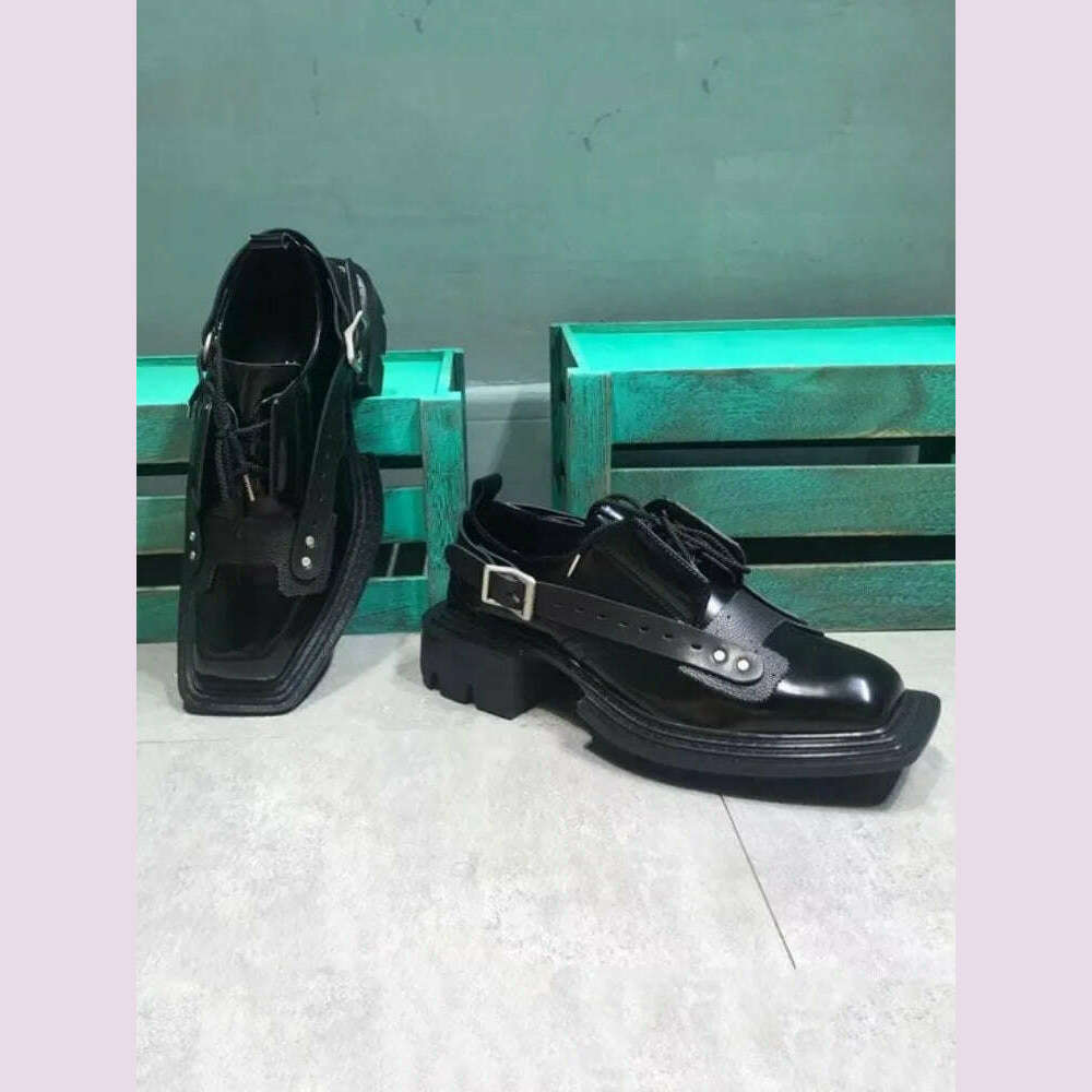 Mens Square Toe Genuine Leather Dress Shoes Runway Punk Style Platform Shoes Lace Up Derby Shoes Men Black Cowhide Casual Shoes